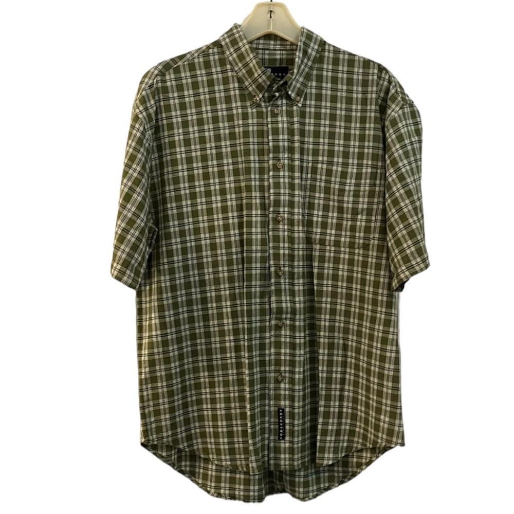 CONSENSUS SPORTSWEAR SHORT SLEEVE PLAID BUTTON DOWN SHIRT GREEN WHITE SIZE M